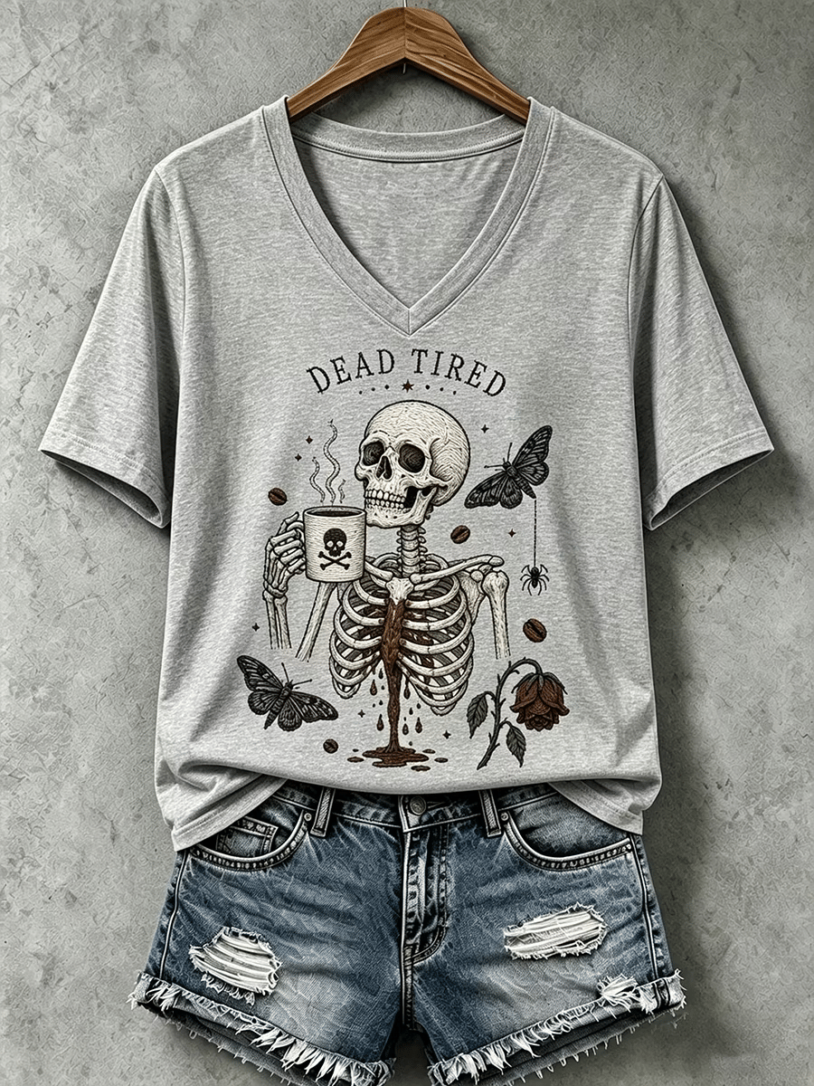 Women's Halloween Dead Tired Print V Neck T-Shirt