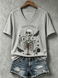 Women's Halloween Dead Tired Print V Neck T-Shirt