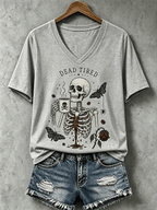 Women's Halloween Dead Tired Print V Neck T-Shirt