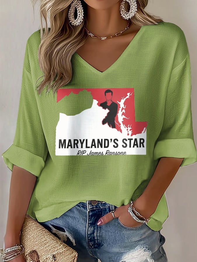 V-Neck Retro Maryland's Star Print T-Shirt