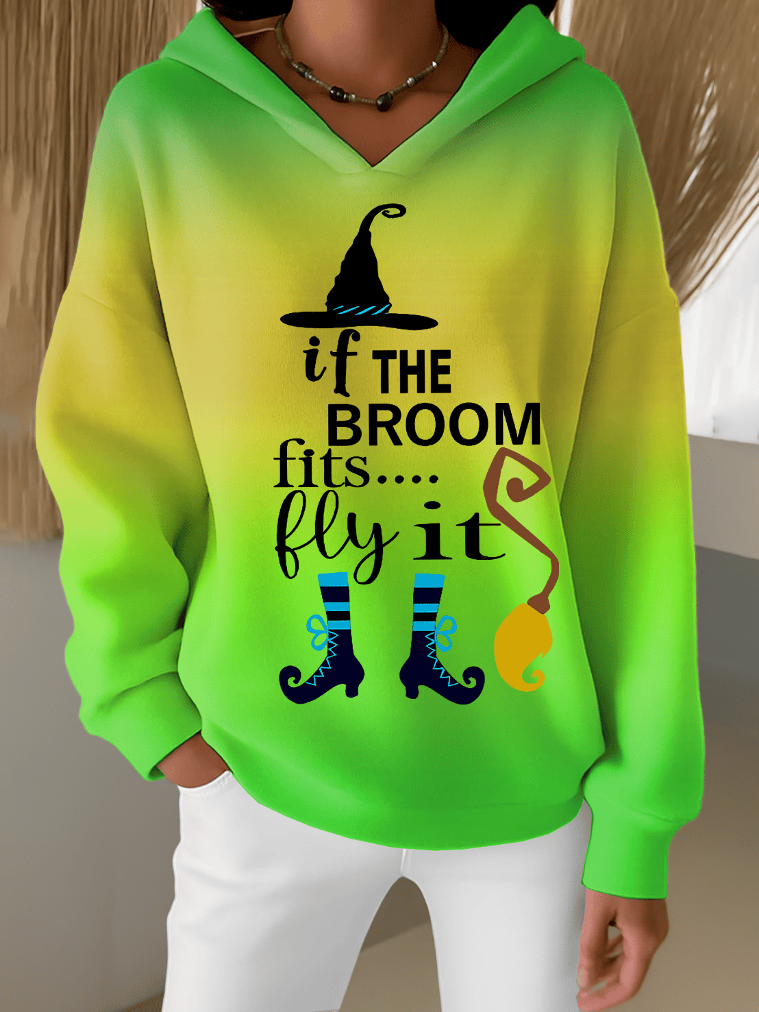 Women's Halloween Witch Print Furry Lined Hoodie