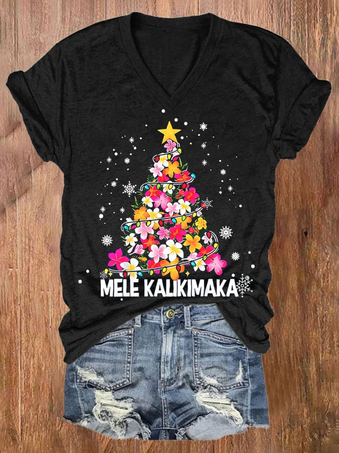 Women'S Mele Kalikimaka Print Short Sleeve Casual T-Shirt
