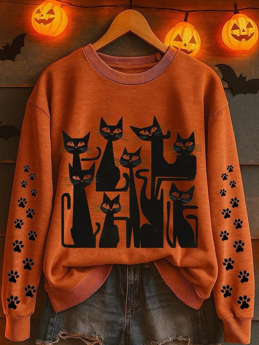 Women's Halloween Animal Black Cat Print Sweatshirt
