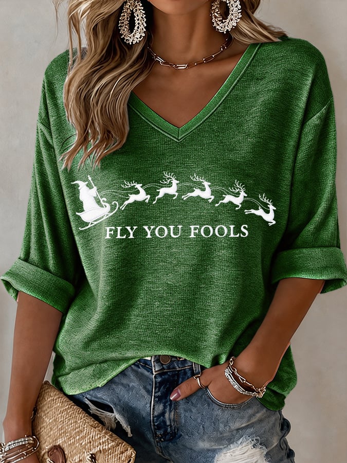 🔥🔥2nd 50% Off 🔥🔥V-Neck Retro Funny Christmas Fly You Fools Reindeer Holiday Season Print T-Shirt