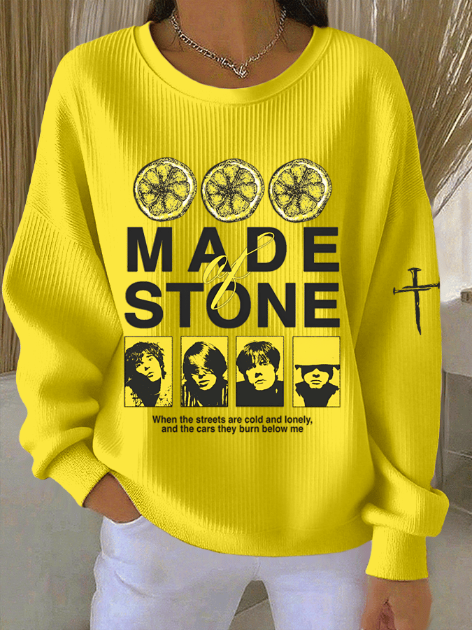 Women's Music Print Knit Crew Neck Long Sleeve Top
