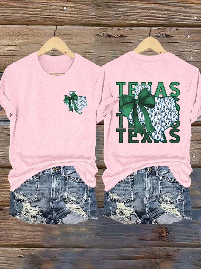Retro Texas Strong Green Bow Print T-Shirt