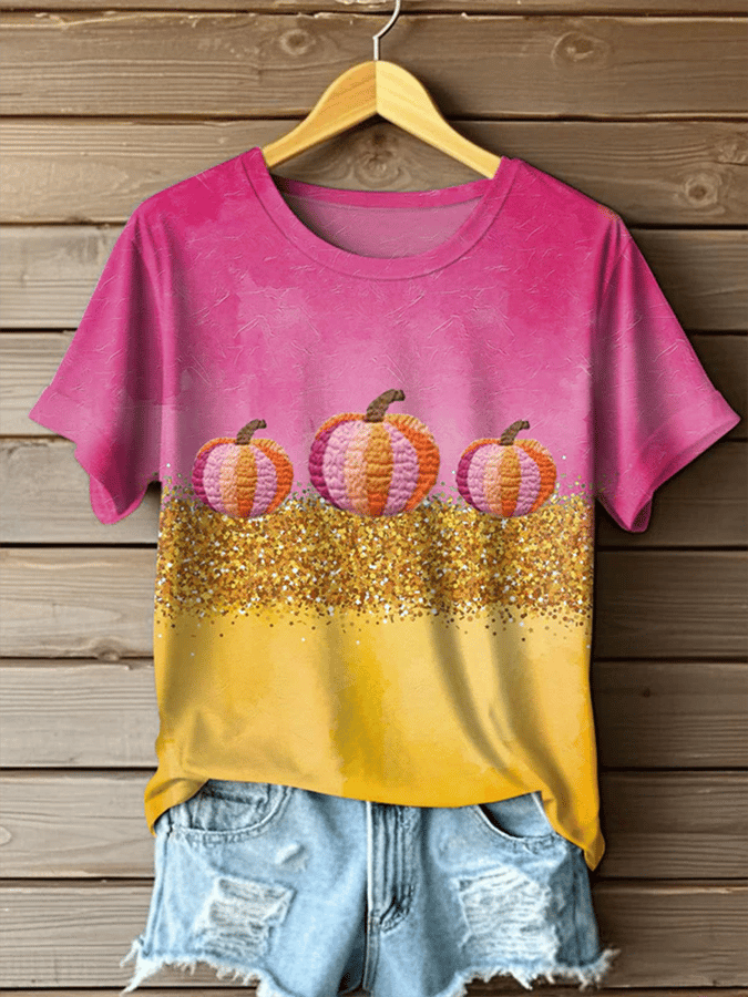 Women's Autumn Gold Pumpkin Print T-Shirt