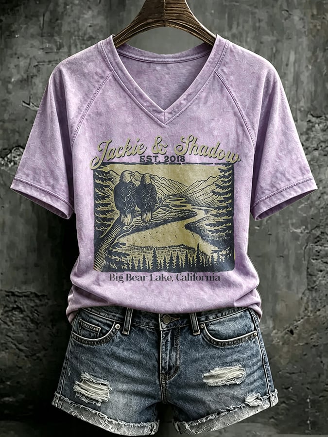 🔥🔥2nd 50% Off 🔥🔥V Neck Retro Jackie & Shadow Est. 2018 Big Bear Lake, California Print T-Shirt