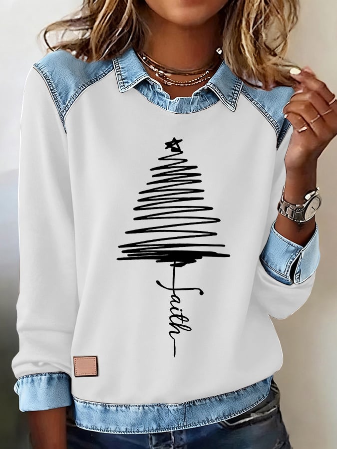 Women's Faith Christmas Tree Printed Comfortable Denim Patchwork Sweatshirt
