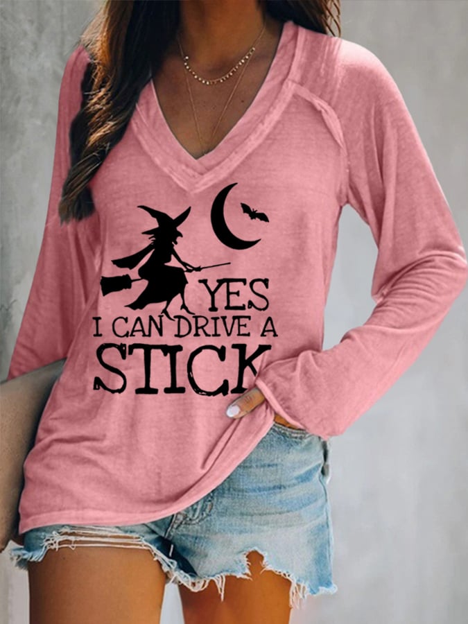 Women's Yes I Can Drive A Stick Print Long Sleeve Casual T-Shirt