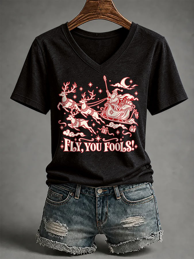 🔥🔥2nd 50% Off 🔥🔥V-Neck Retro Funny Christmas Fly You Fools Reindeer Holiday Season Print T-Shirt