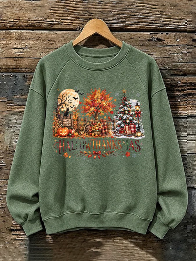 Retro Happy Hallothanksmas Halloween Thanksgiving Christmas Print Sweatshirt