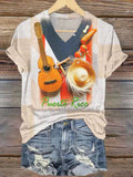 Women's Grasscloth Violin Straw Hat Flag Print T-Shirt
