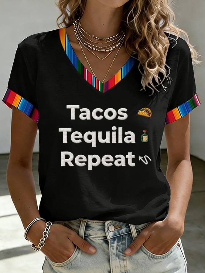 Women's Tacos Tequila Repeat Cinco De Mayo Print V Neck T-shirt