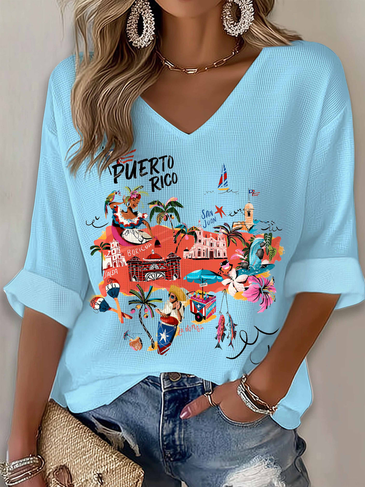 Puerto RIco Map Art Printed Long Sleeve Top