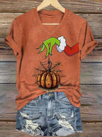 Women's Leopard Pumpkin Print V Neck T-Shirt