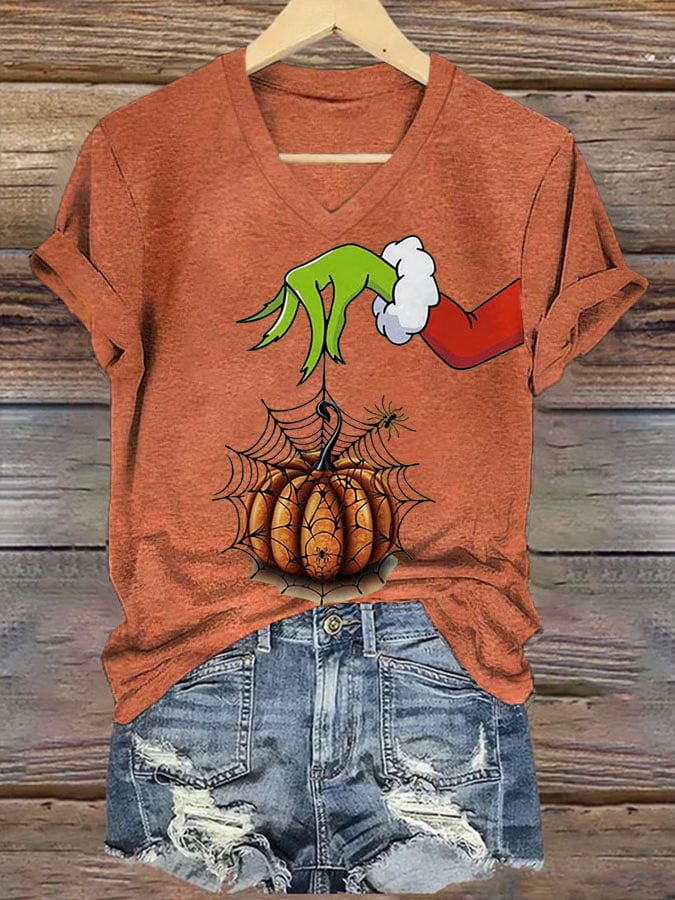 Women's Leopard Pumpkin Print V Neck T-Shirt