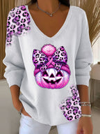 Women's Casual Breast Cancer Pumpkin Leopard Print Long Sleeve T-shirt