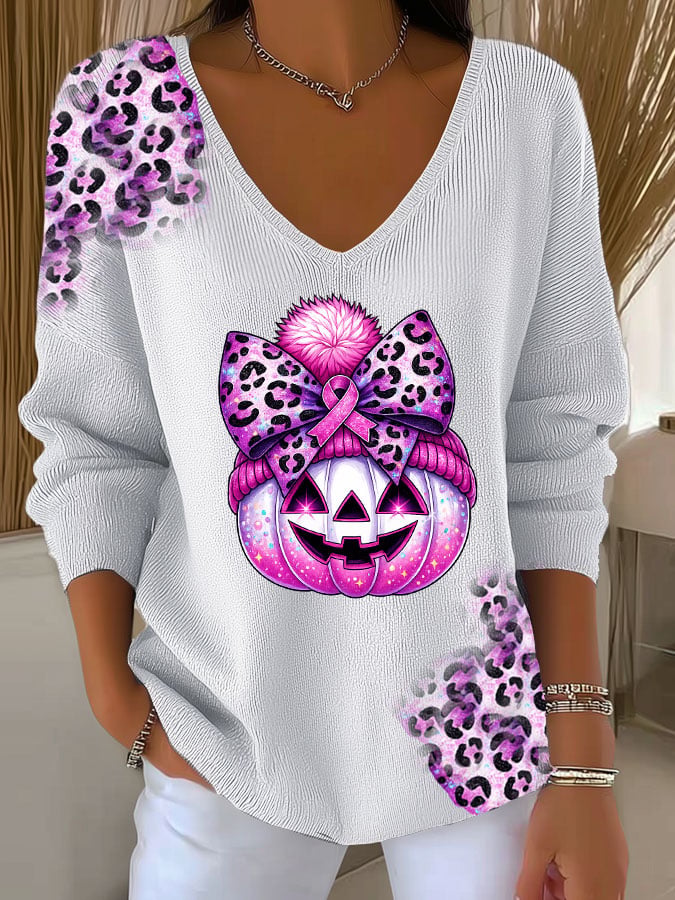 Women's Casual Breast Cancer Pumpkin Leopard Print Long Sleeve T-shirt