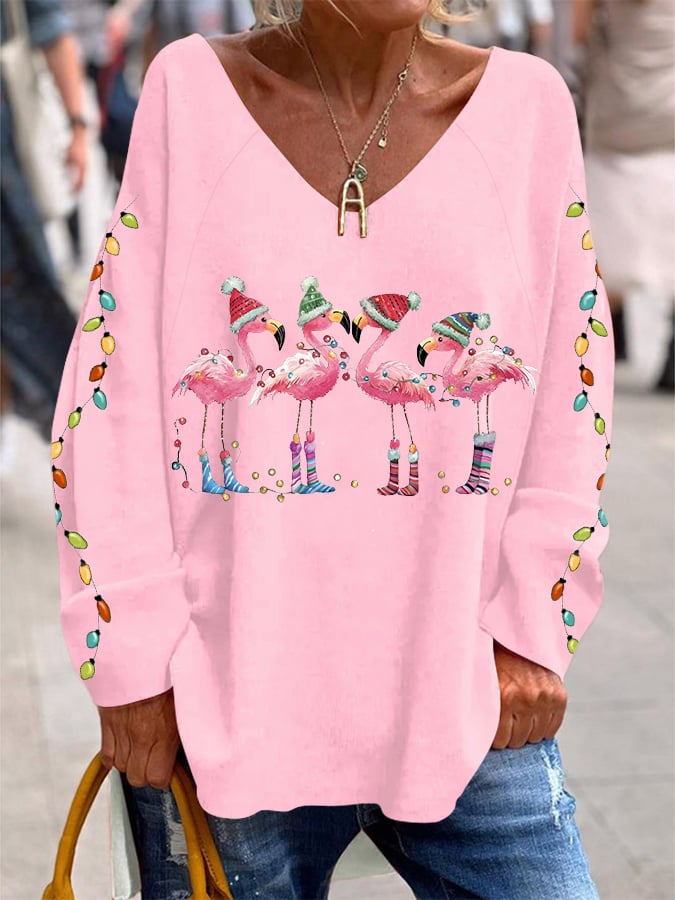 Women's Christmas Flamingo Print Casual Top