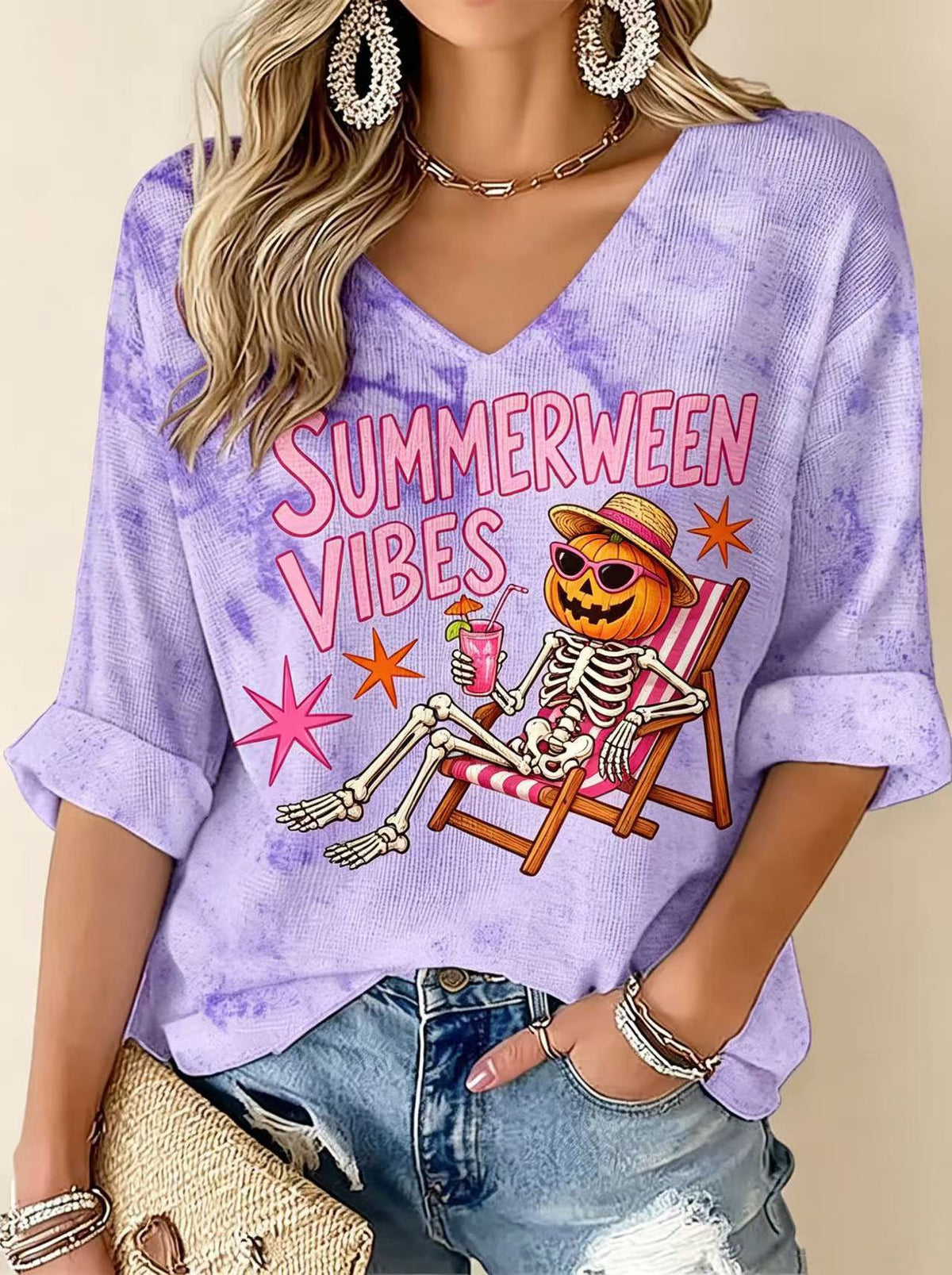Women‘s Summerween Vibes Printed Long Sleeve Top