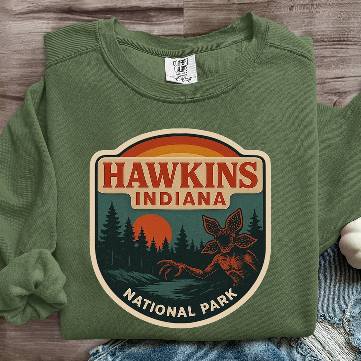 Hawkins Indiana National Park Upside Down 80s Horror Art Print Sweatshirt