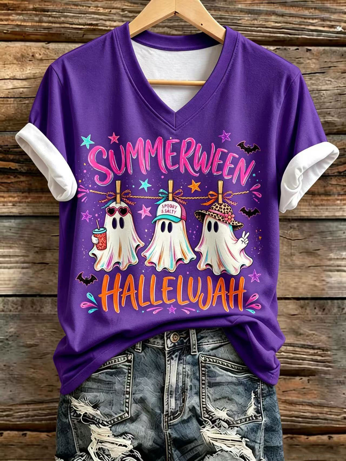 Women's Summerween Ghost Vibes Printed V-Neck T-shirts
