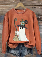 Women's Ghost Witch With Broomstick Printed Casual Round Neck Sweatshirt