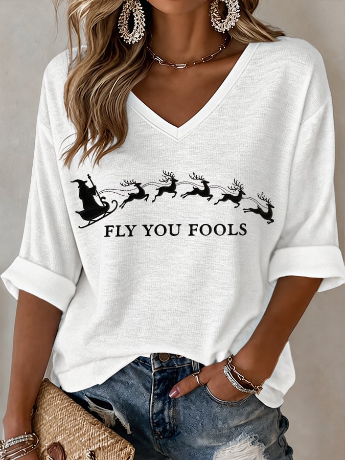 🔥🔥2nd 50% Off 🔥🔥V-Neck Retro Funny Christmas Fly You Fools Reindeer Holiday Season Print T-Shirt