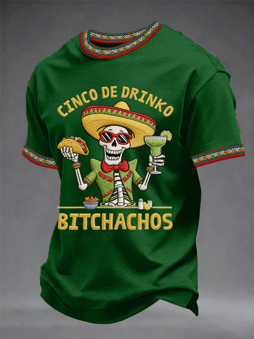 Men's Retro Cinco De Drinko Bitchachos Skeleton Mexican Fiesta Print Casual T-Shirt