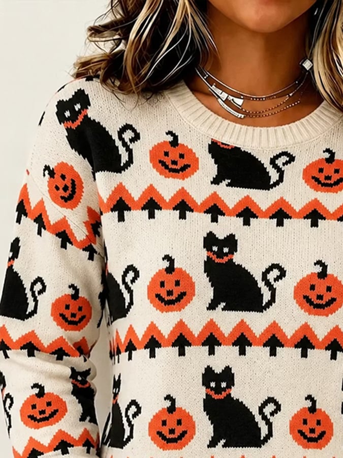 Women's Vintage Halloween Pumpkin and Cat Print Knit Top