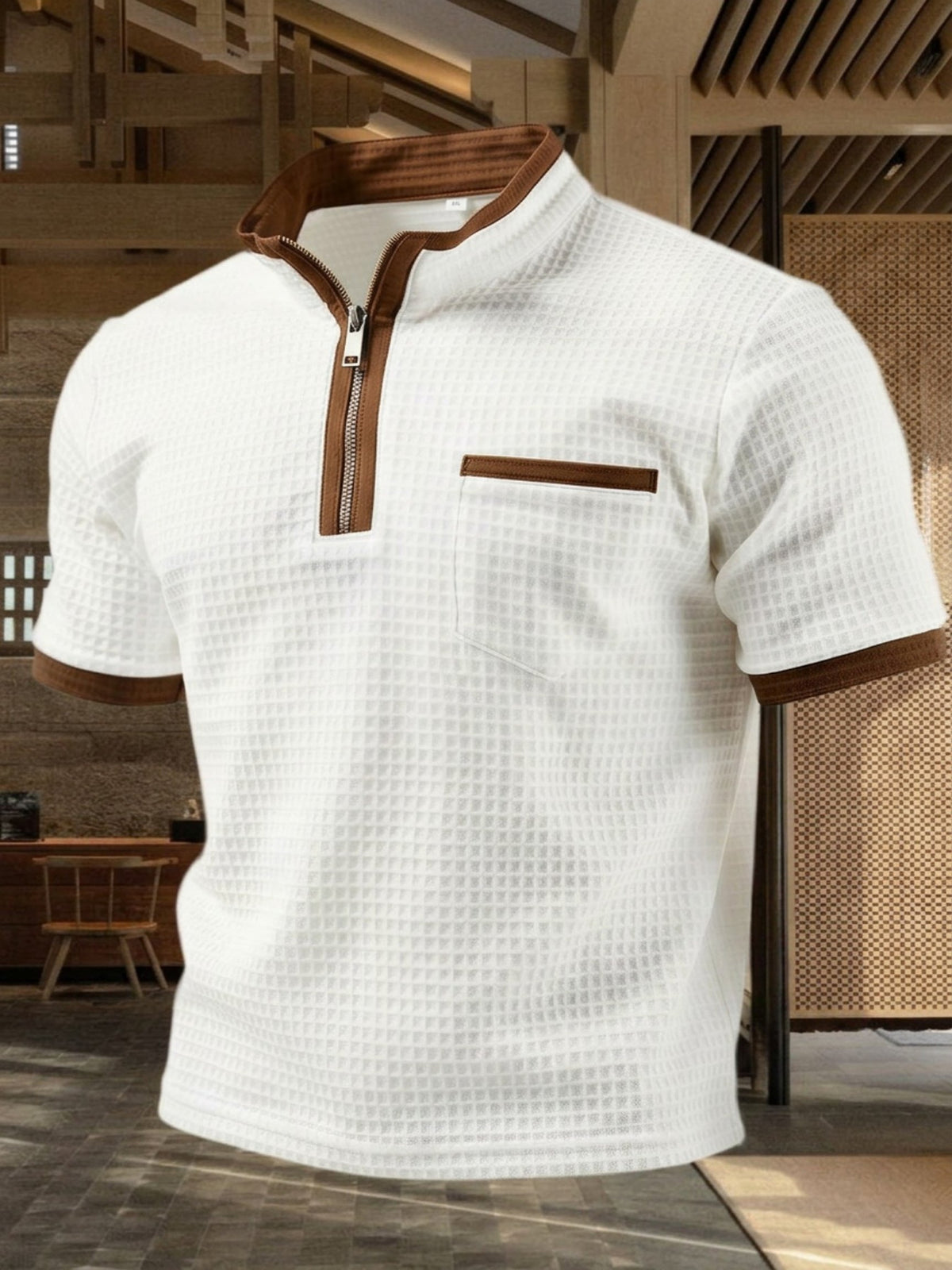 Men's Retro Waffle-Knit Colorblock Half-Zip Polo Shirt