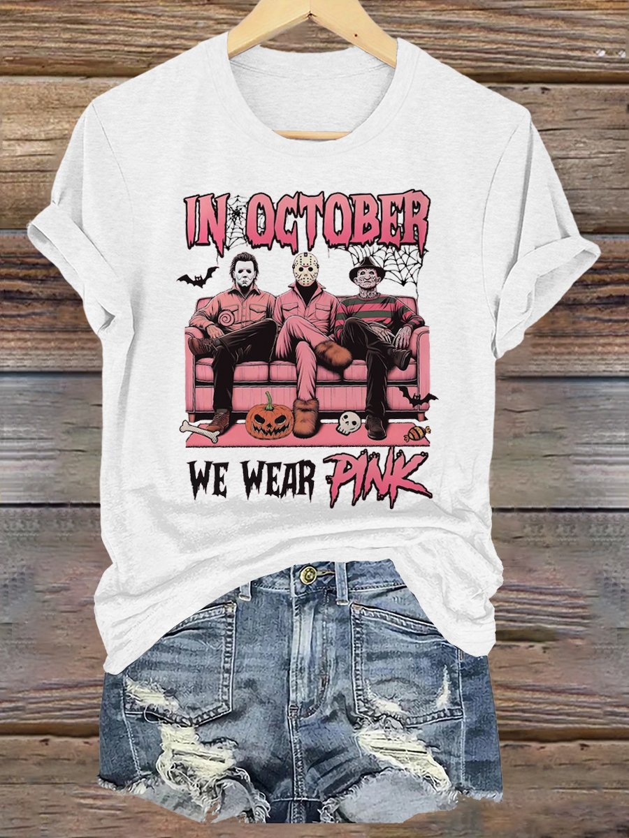 In October We Wear Pink Movies Halloween Art Print V-neck T-shirt