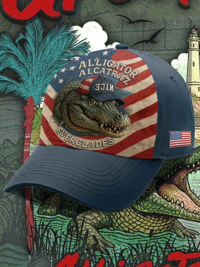 Retro Alligator Alcatraz Funny Florida Everglades Art Print Baseball Cap
