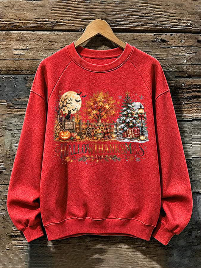Retro Happy Hallothanksmas Halloween Thanksgiving Christmas Print Sweatshirt