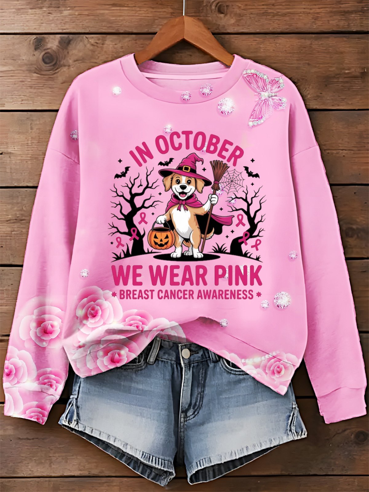 Dog In October We Wear Pink Art Printed Sweatshirt