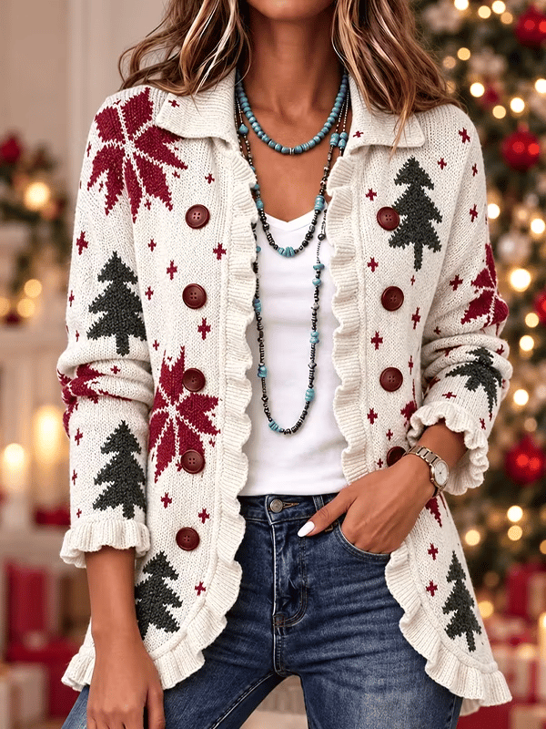 Women's Geometric Christmas Tree Snowflake Print Ruffle Cardigan Coat