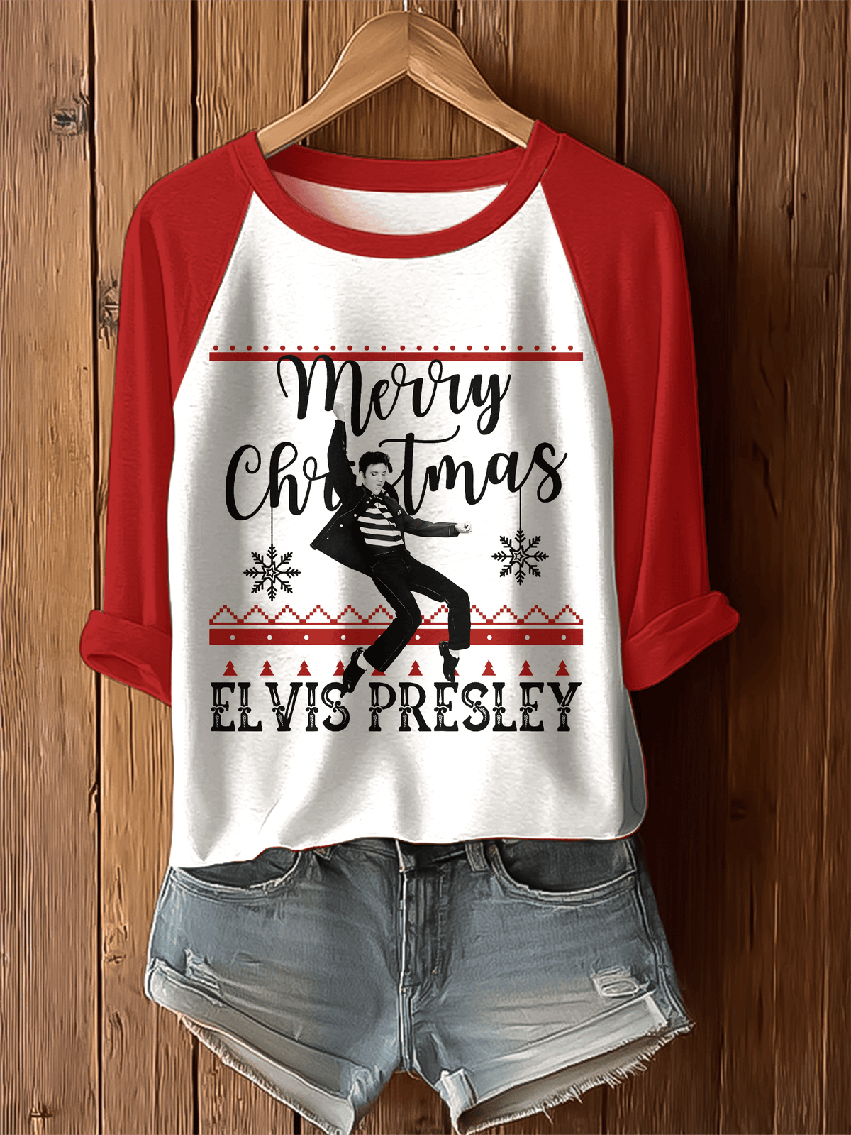 Merry Christmas King of Rock and Roll Printed Raglan Top