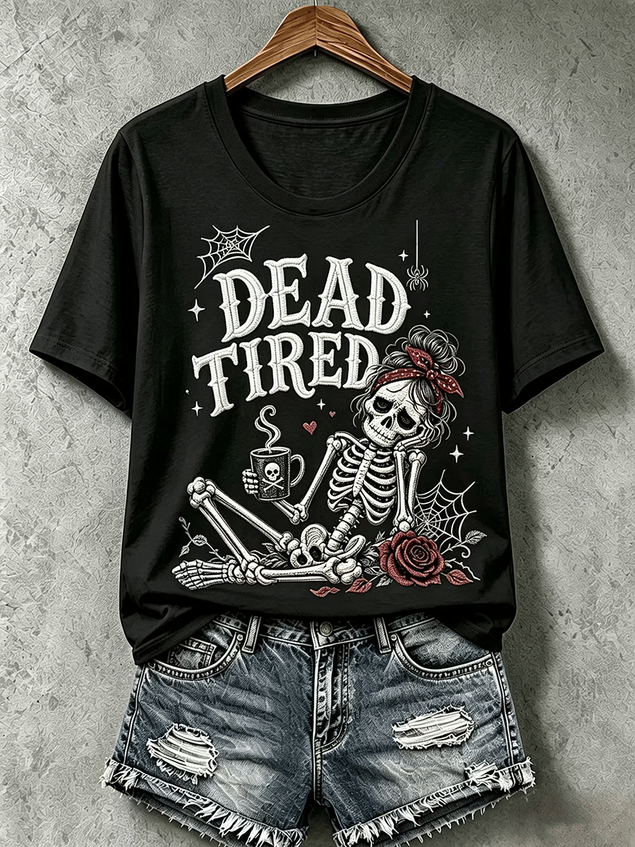 Women's Halloween Dead Tired Print T-Shirt