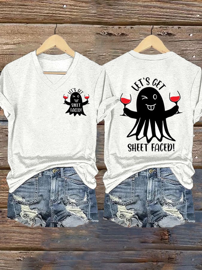 Women'S Halloween Let's Get Sheet Faced Printed T-Shirt