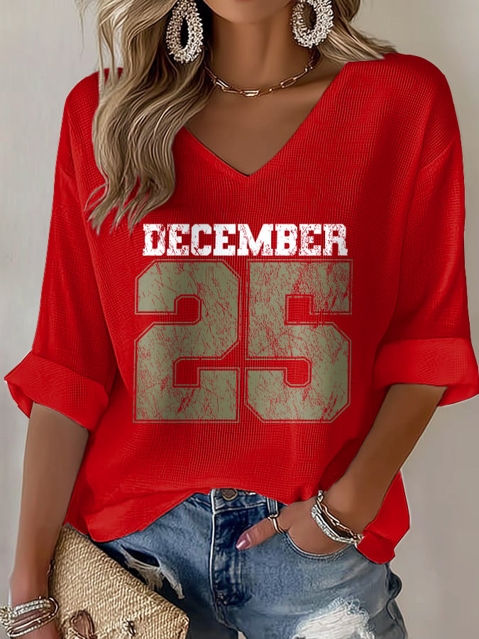 V-Neck Retro Christmas December 25 Print T-Shirt
