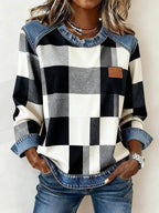 Women'S Casual Round Neck Denim Patchwork Pullover Sweatshirt
