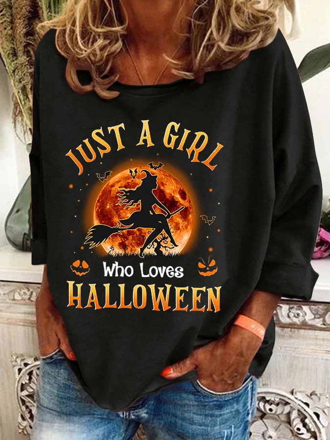 Women's Just A Girl Who Loves Halloween Printed Crew Neck Sweatshirt
