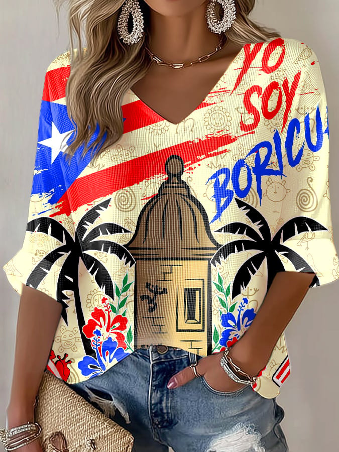 Puerto Rican Patchwork Colorful Printed Long Sleeve Top