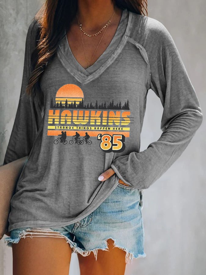 V-neck Retro  Hawkins Print T-Shirt