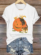 Women's Halloween Pumpkin Cat Print T-Shirt