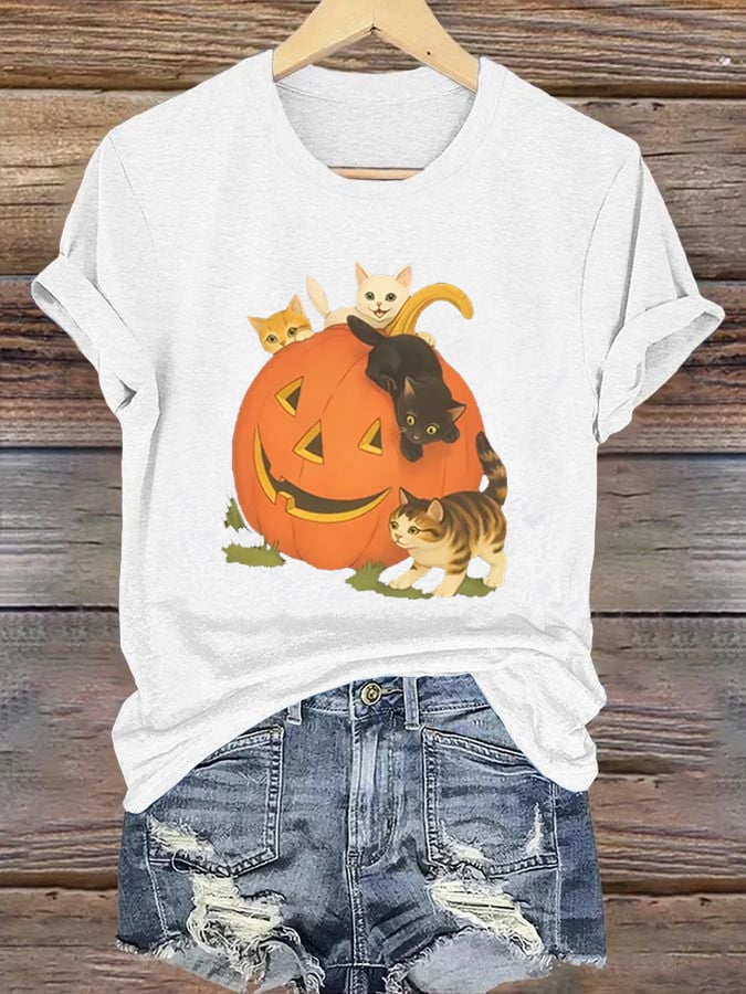 Women's Halloween Pumpkin Cat Print T-Shirt