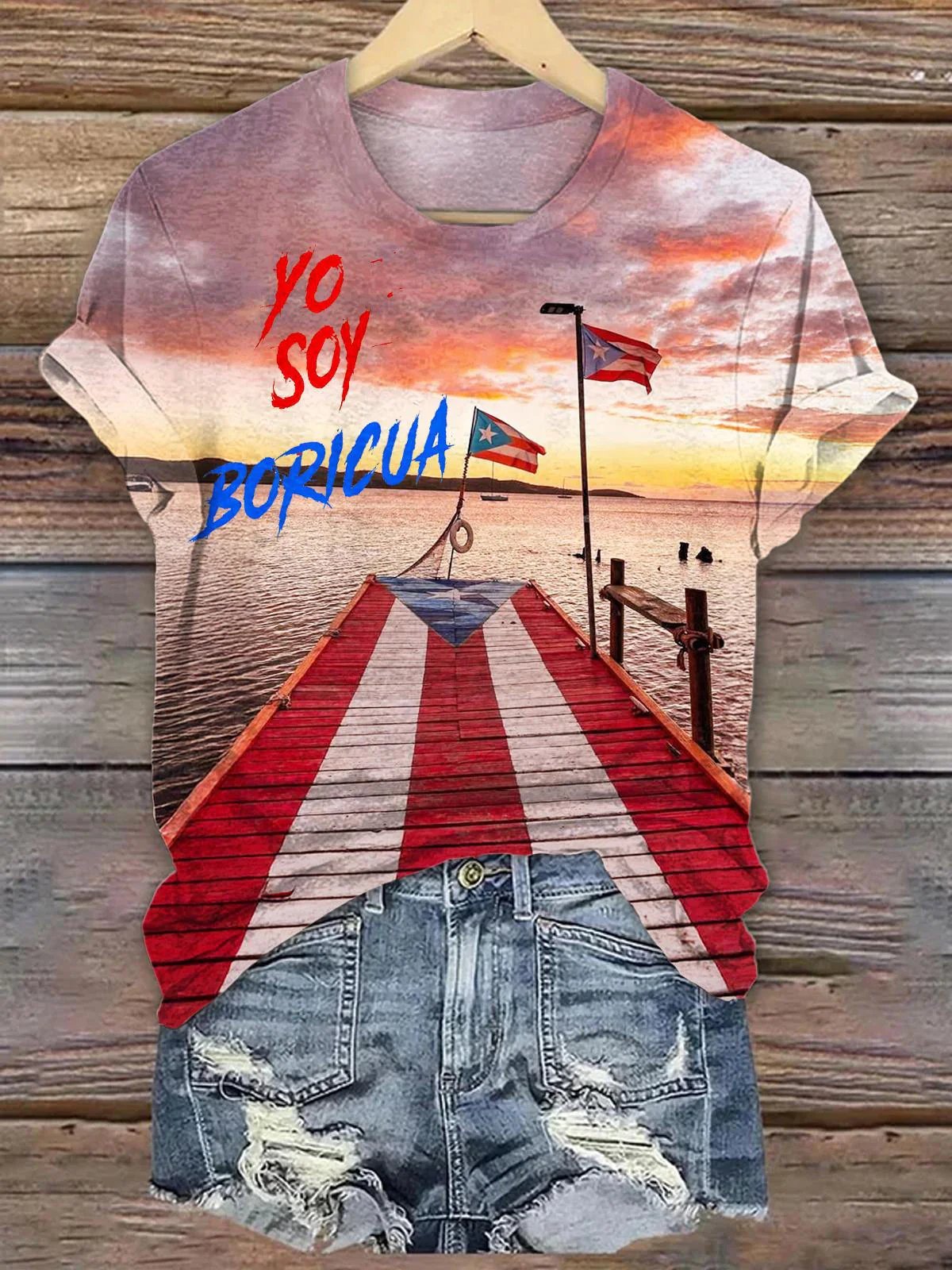 Puerto Rico Color Casual Print Crew Neck T-shirt