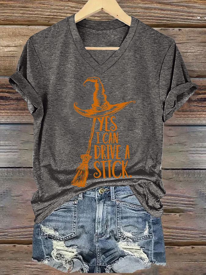 Women's Yes I Can Drive A Stick Print V Neck T-shirt