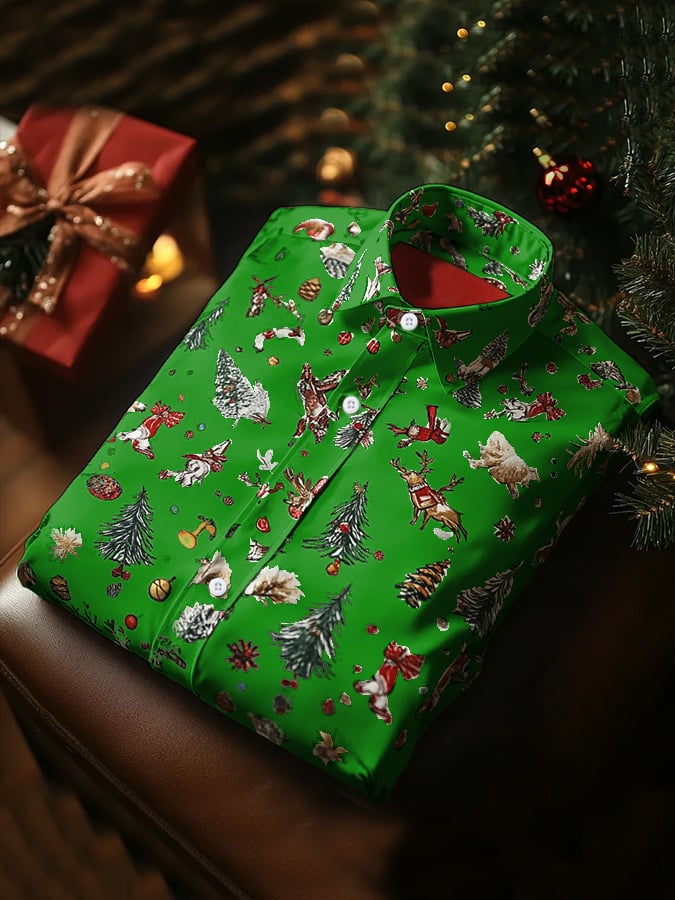 Men's Luxury Christmas Contrast Color Print Long Sleeve Shirt